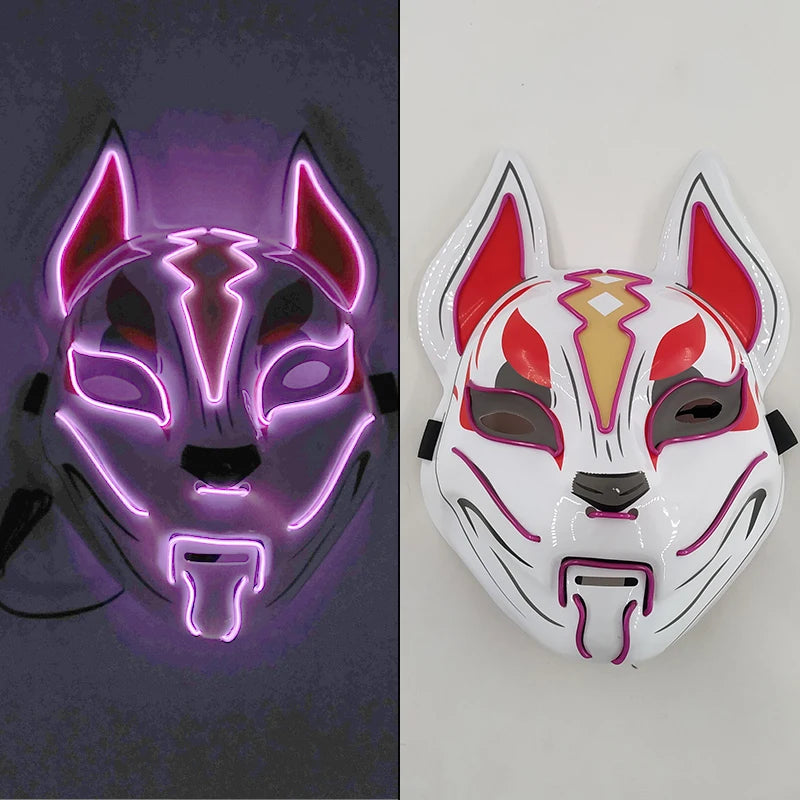 Glowing Demon Slayer Mask Cosplay Japanese Cartoon Neon Light Samurai Mascara Luminous Led Fox Mask for Halloween Christmas