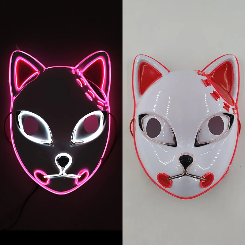 Glowing Demon Slayer Mask Cosplay Japanese Cartoon Neon Light Samurai Mascara Luminous Led Fox Mask for Halloween Christmas