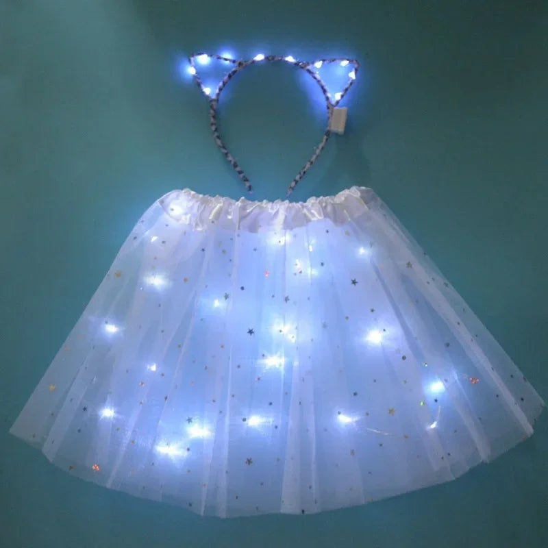Light Up LED Kids Women Girl Animal Cat Leopard Ears Headband Tutu Skirt Costume Glow Party Christmas Halloween Festival