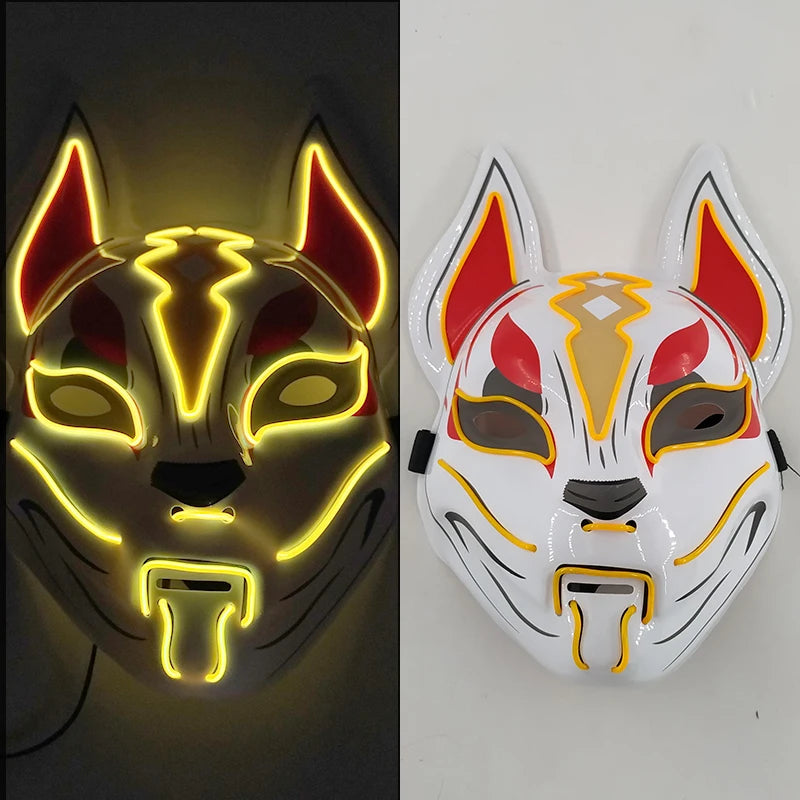 Glowing Demon Slayer Mask Cosplay Japanese Cartoon Neon Light Samurai Mascara Luminous Led Fox Mask for Halloween Christmas