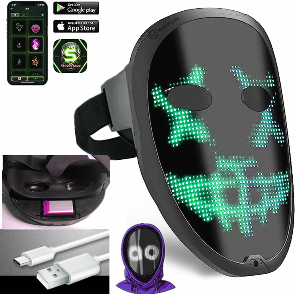 Bluetooth RGB Light Up LED Mask Diy Picture Animation Text Halloween Christmas Carnival Costume Party Game Child Masks Deco GIFT