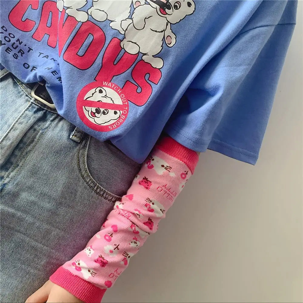 Sanrio Kawaii Hello Kitty Arm Cover Pink Kt Cat Arm Warmer Punk Cute Knitted Arm Sleeves Fingerless Gloves for Women Girls Gift