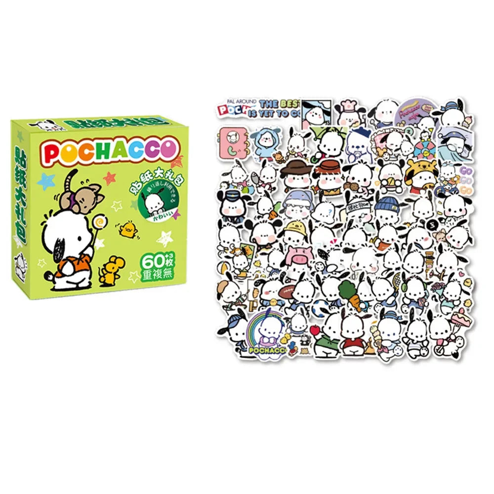 60Pcs Anime Stickers Sanrio Accessories Y2K Hello Kitty Things Kuromi Stickers Waterproof Cinnamoroll Pochacco Stickers Kid Toy