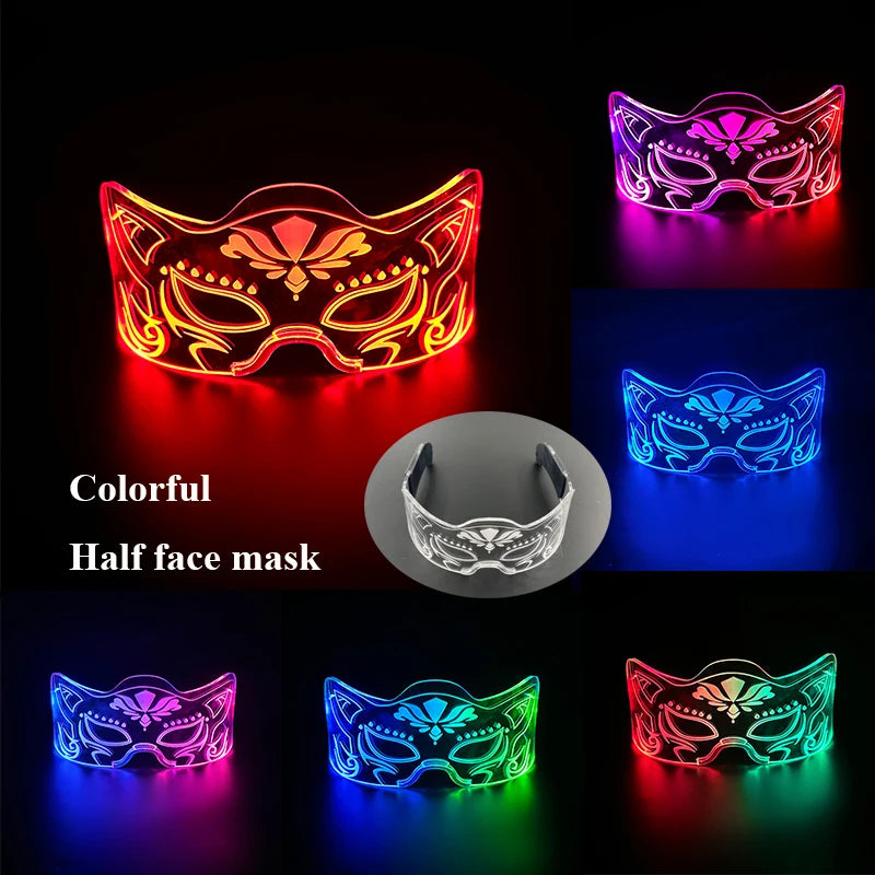 2025 Halloween Christmas Glow Supplies Party Half Face Mask Colorful Luminous LED Neon Light Mask Nightclub Bar Music Decor Prop