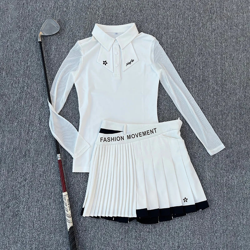Golf Women's Long-Sleeved Polo Shirt, Summer Mesh Sleeve Sunshade, Quick-Drying, Breathable and Slimming Outdoor Sports Set