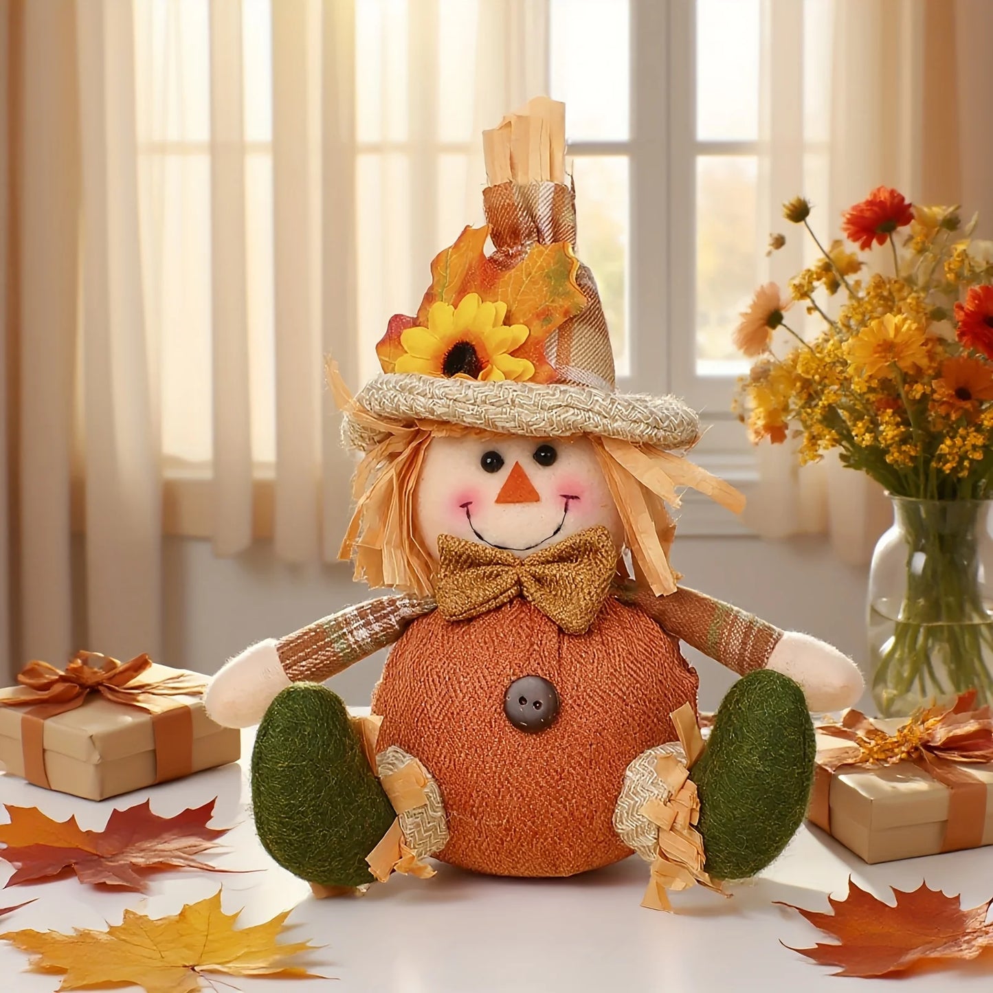 Rustic Autumn Harvest Scarecrow Decor, Plaid & Sunflower Accents for Thanksgiving, Halloween, Farmhouse Wall Decor, Party Props