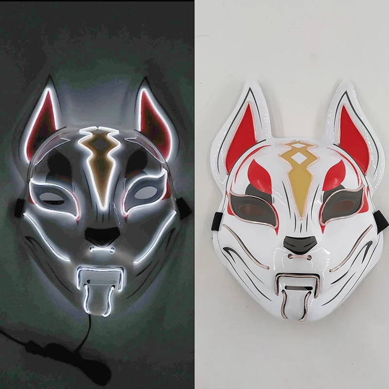 Glowing Demon Slayer Mask Cosplay Japanese Cartoon Neon Light Samurai Mascara Luminous Led Fox Mask for Halloween Christmas
