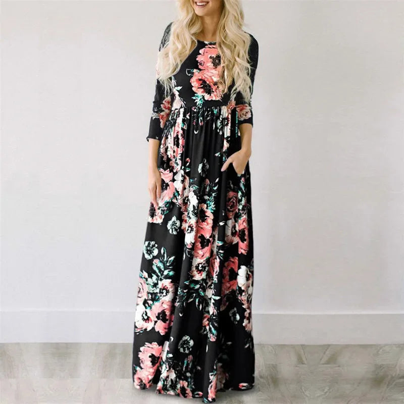 Women Summer Floral Print Maxi Dress 2024 LOOSE White Boho Beach Dress Women Vintage Evening Party Long Dress Vestidos Female