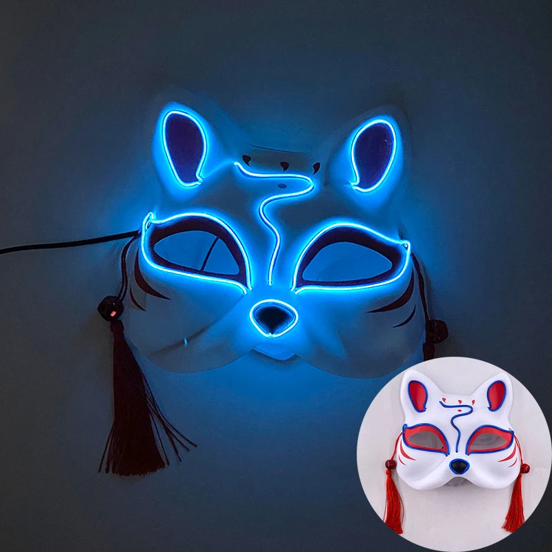 Halloween Luminous Japanese Neon Light Fox Mask LED Light Up Cosplay Mask Flashing in Dark Masquerade Dance Party Mask Costume