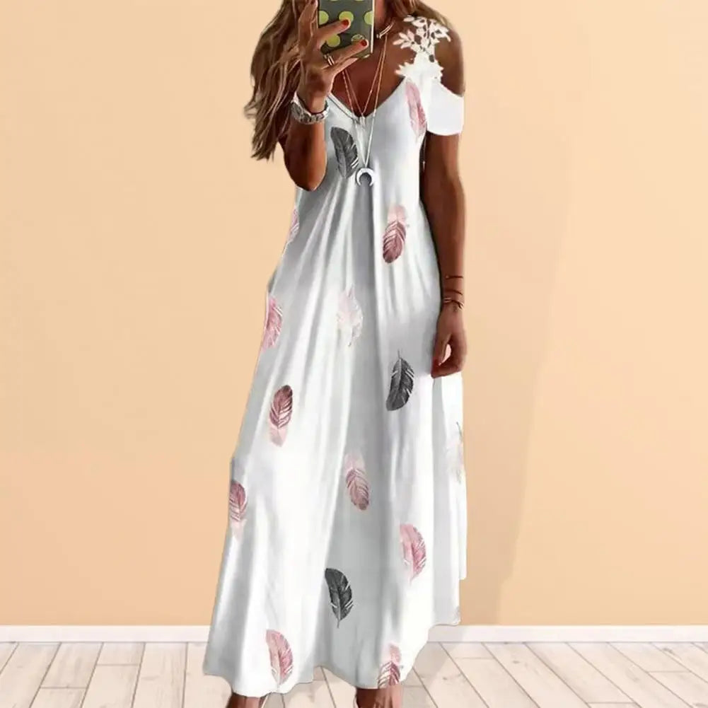 Maxi Dress for Women Feather Printed Lace Sling Ladies Loose-Fitting Hollow Out A-Line Long Dress Streetwear for Party