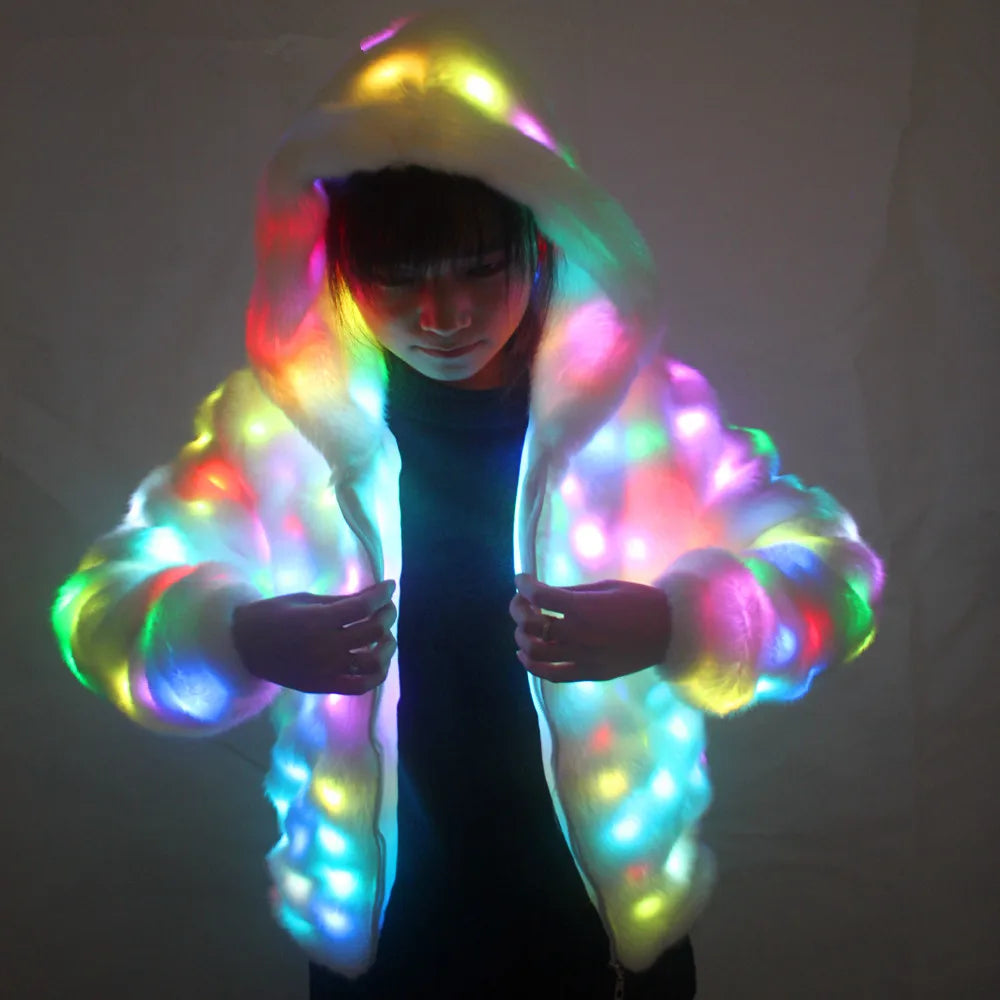 LED Luminous Faux Fur Coat Lady Bar Dance Show Nightclub Clothes, LED DJ Costumes. Christmas, Halloween Party, Cospaly Suit