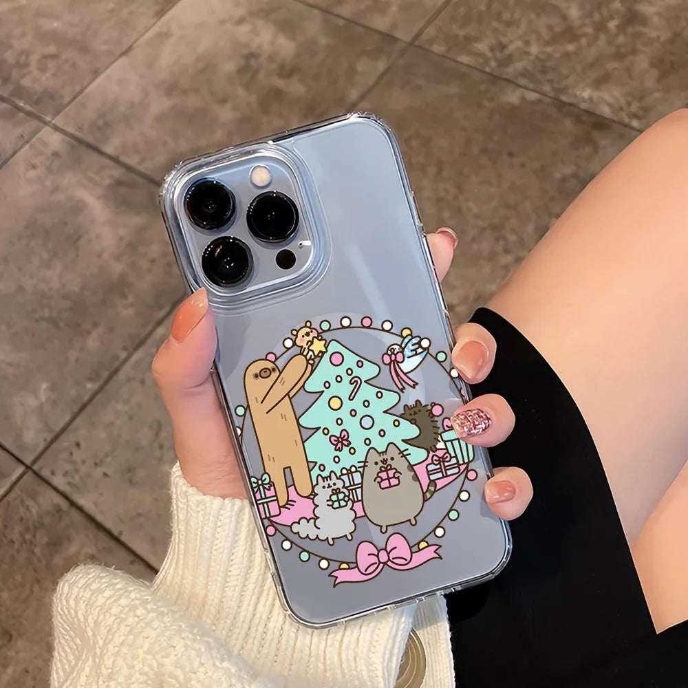 Cartoon Cat Lovely for IPhone 16 15 14 13 12 11 Pro Max Plus Transparent Magnetic Suction P-Pusheens-S Phone Case