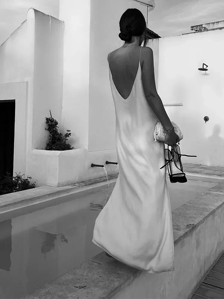 Summer Women Backless Sling Dress Sexy Loose v Neck Sleeveless Split Maxi Dresses 2024 New Female Beach Vacation Party Robes