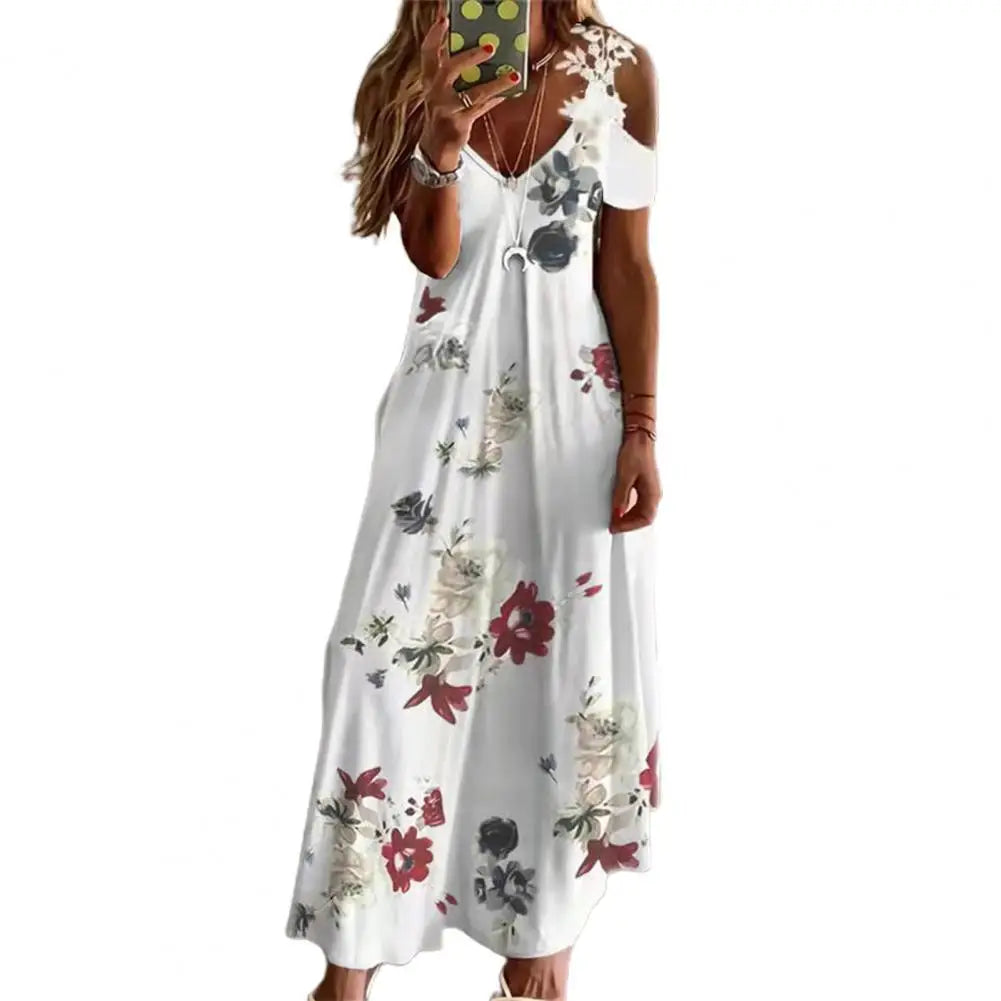 Maxi Dress for Women Feather Printed Lace Sling Ladies Loose-Fitting Hollow Out A-Line Long Dress Streetwear for Party