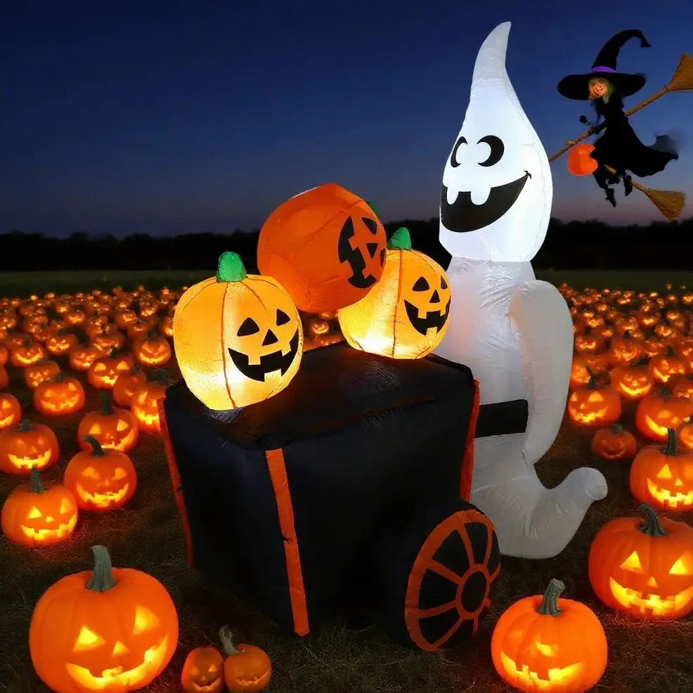 Halloween Decorations Outdoor Inflatable White Ghost Pumpkin Car Blow Up Yard With Built-In LED Lights for Holiday Party Indoor