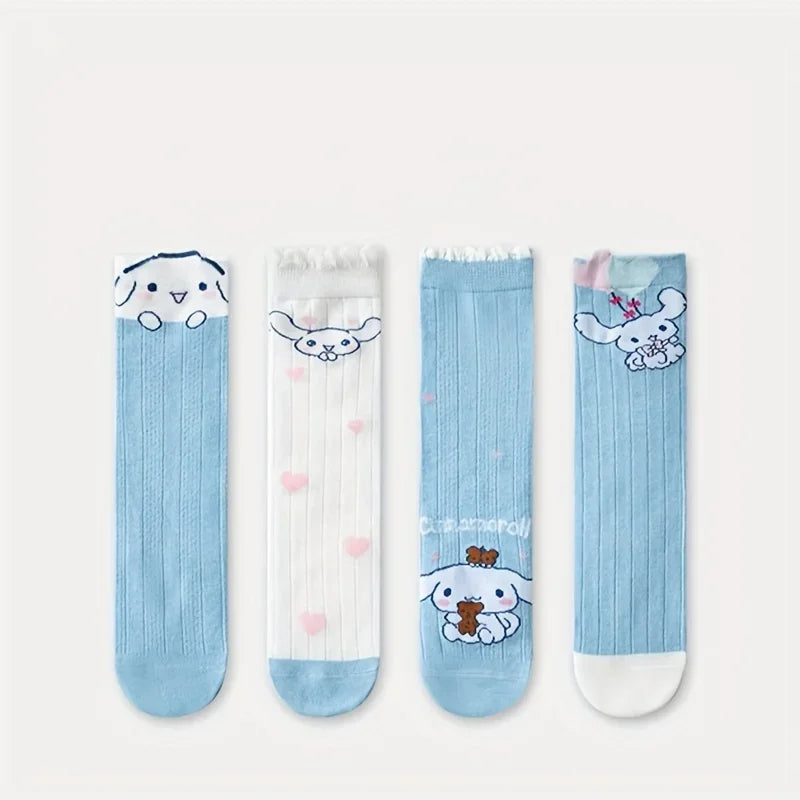 4 Pairs/Set Summer Spring Sanrio Cinnamoroll Knee Long Sock Breathable Thin Cartoon Anime Girls Middle Tube Socks Calf Sock