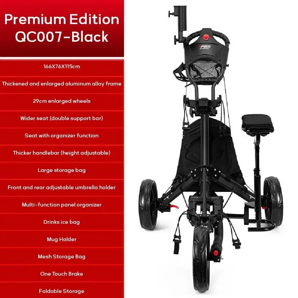 PGM Golf Cart 3 Wheels, Golf Bag Cart Foldable, With Cup Holder With Seat, Compact Golf Pull Car