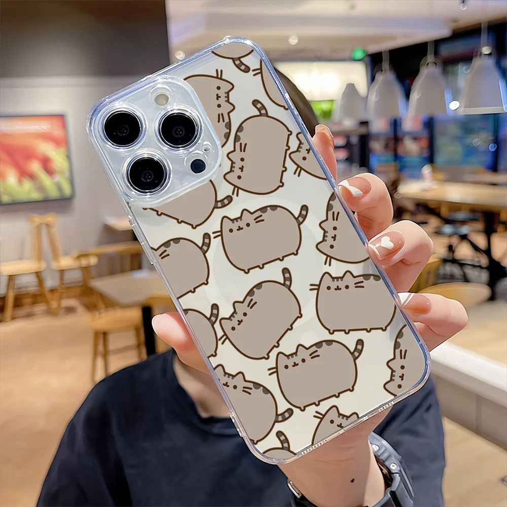 Cartoon Cat Lovely for IPhone 16 15 14 13 12 11 Pro Max Plus Transparent Magnetic Suction P-Pusheens-S Phone Case