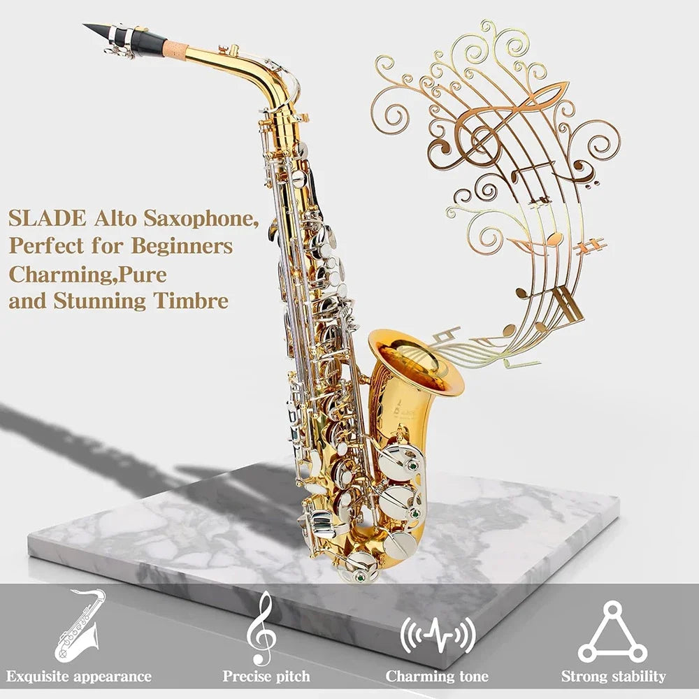 SLADE Golden Silver Saxophone Brass Eb Alto Saxophone Box Cleanning Cloth Reed Strap Glove Trimmer Parts for Beginners Adults