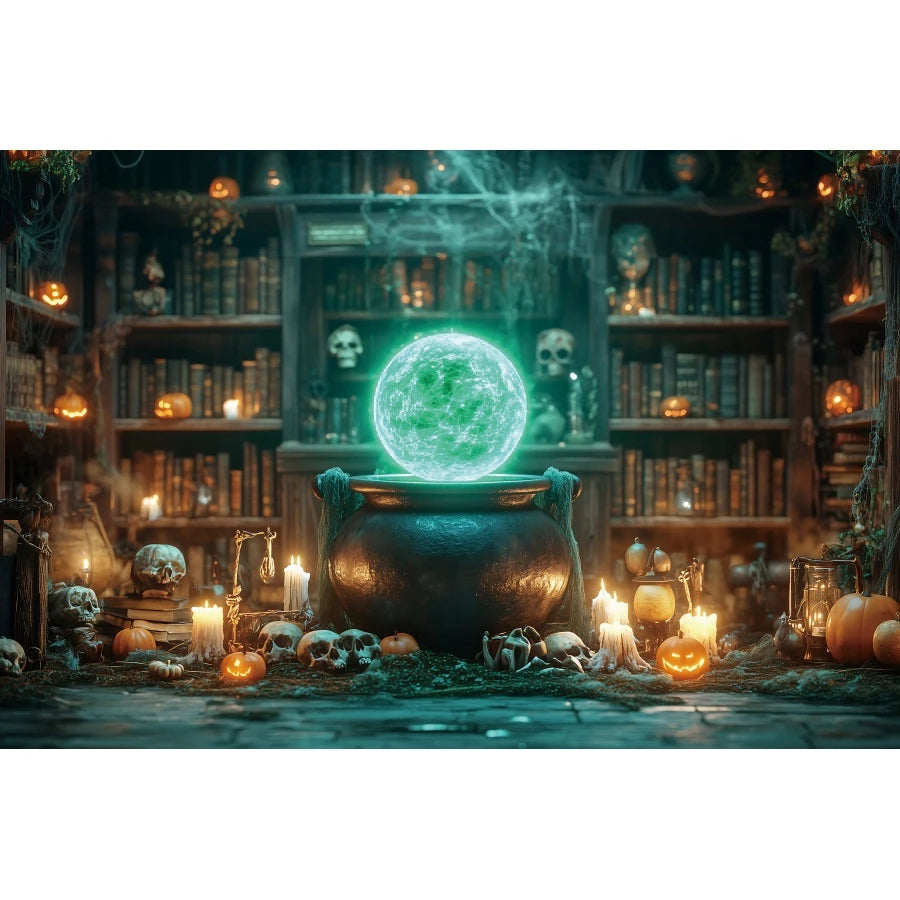 Halloween Horror Photo Backgrounds Witches Magic Boiler Bookshelf Pumpkin Lanterns Spider Web Spooky Party Photography Backdrops