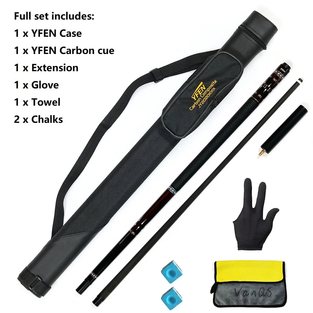 YFen Carbon Fiber Billiard Pool Cue 1/2-Pc With Cue Bag and Extension Kit Gift Set