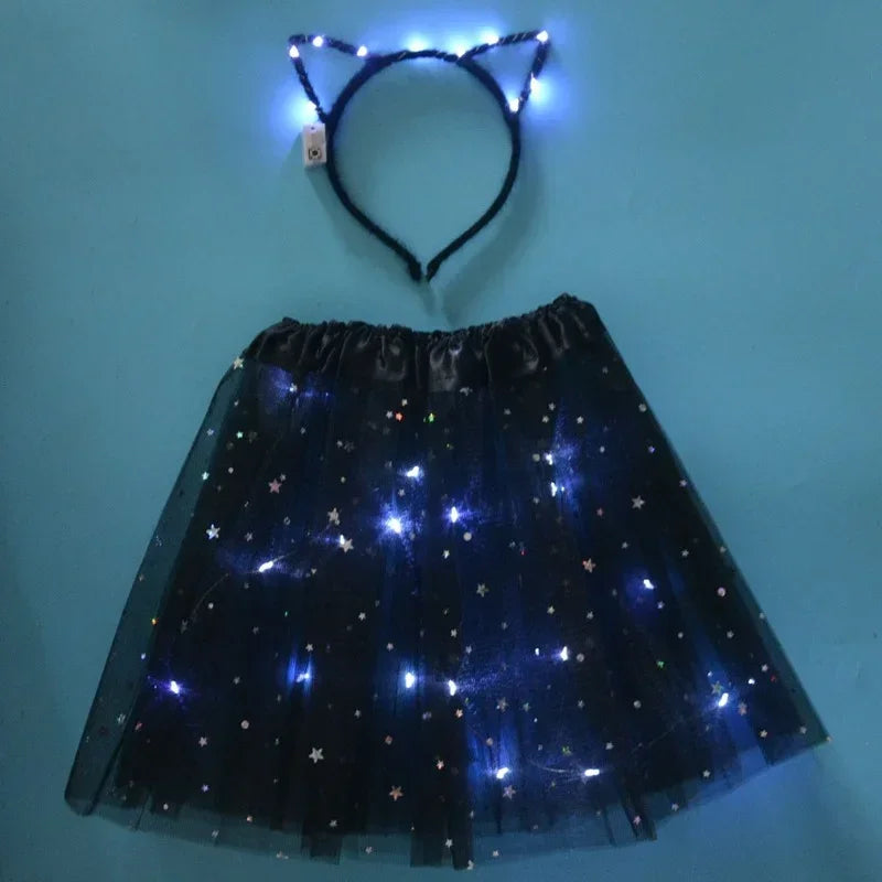 Light Up LED Kids Women Girl Animal Cat Leopard Ears Headband Tutu Skirt Costume Glow Party Christmas Halloween Festival