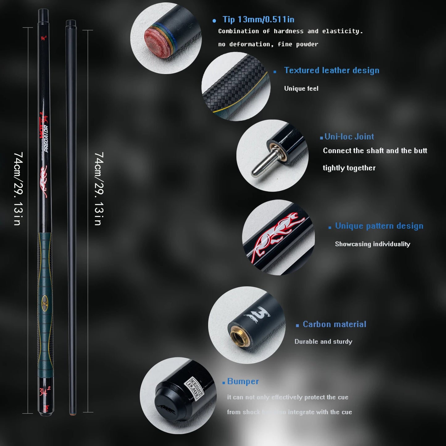 Carbon Billiard Cue Stick 13mm Tip Leopard Pattern Design Durable and High Quality Ideal for 9 Ball and Carom Billiards