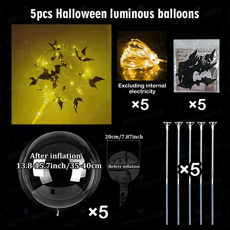 5pcs Halloween Glowing Balloon Set Transparent Bobo Balloon Bat Stickers Halloween Party Decoration Day of the Dead Decoration