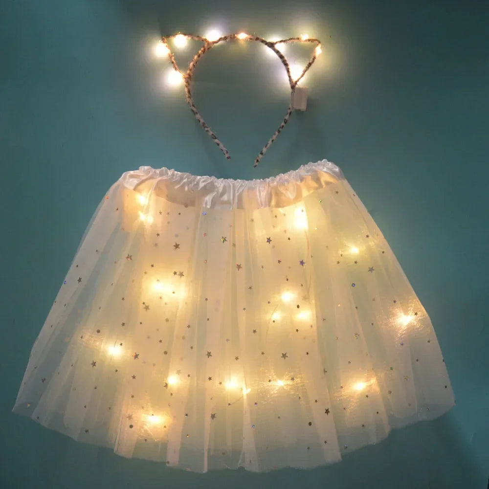 Light Up LED Kids Women Girl Animal Cat Leopard Ears Headband Tutu Skirt Costume Glow Party Christmas Halloween Festival