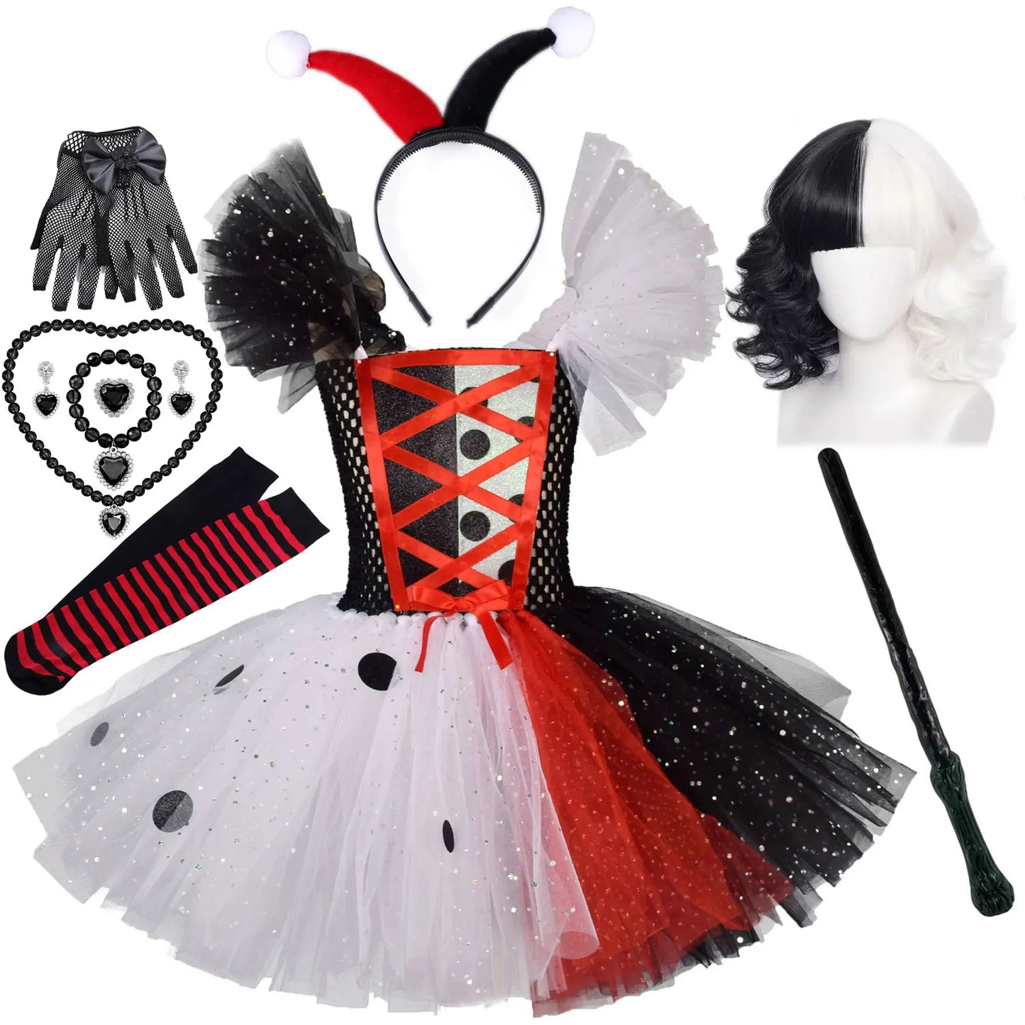 2025 Classic Girl Cosplay Clown Pure White + Black Princess Puffed Skirt Halloween Easter Festival Party Dress+ Accessories Set