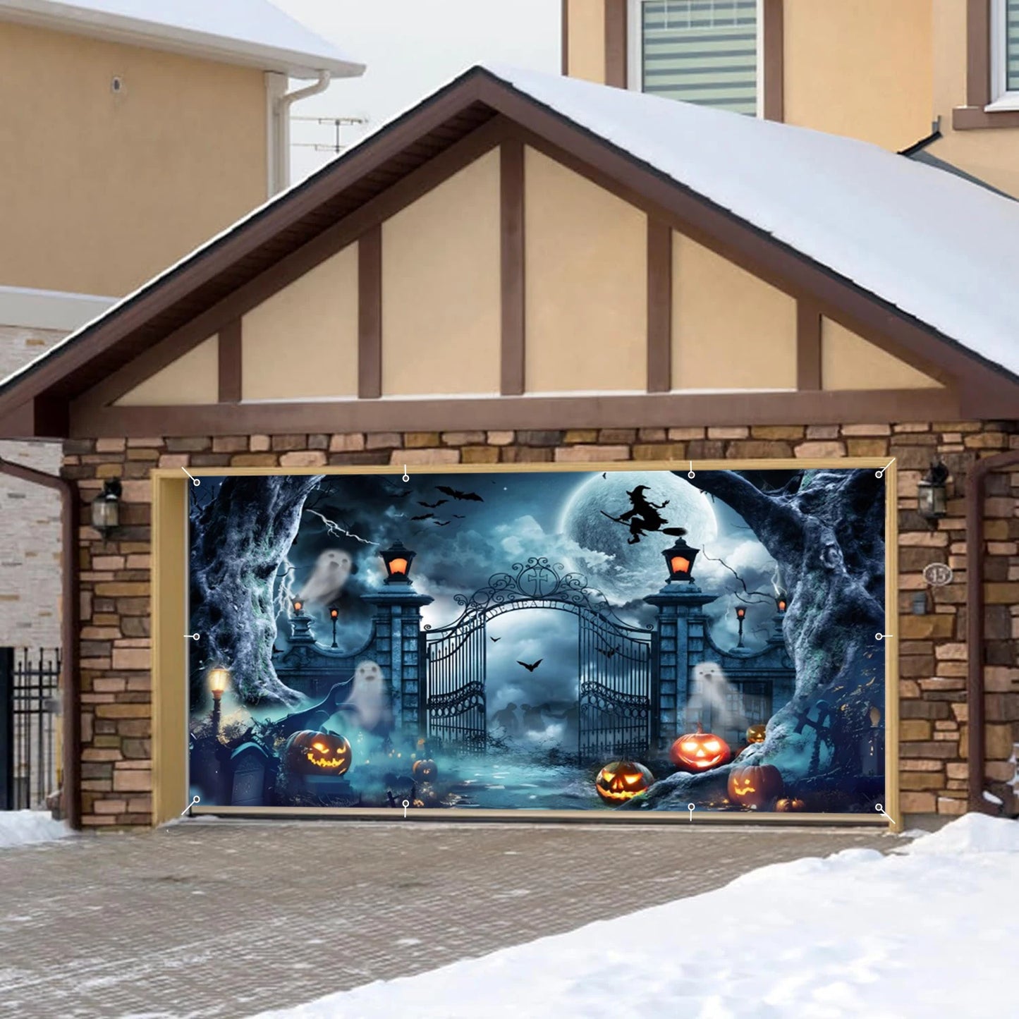 Halloween Garage Door Photography Background Spooky Graveyard Gate Witches Dark Banner Hanging Outdoor Halloween Photo Backdrop