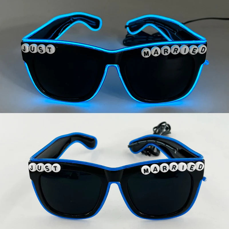White Just Married LED Luminous Glasses Heart Shaped EL Neon Decorative Glasses Engagement Wedding Bridal Shower Props