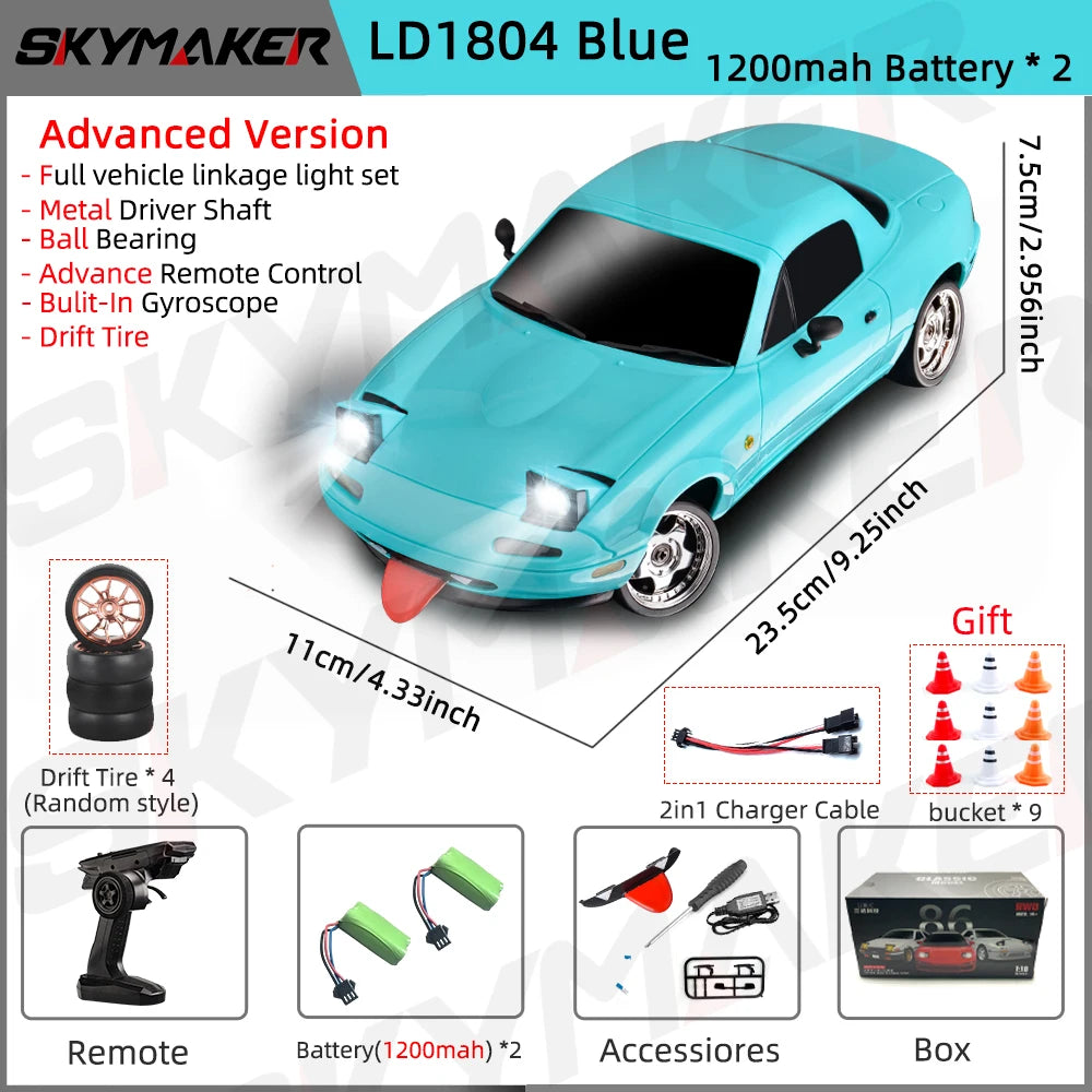 Skymaker LDRC LD1804 1/18 RC Drift Car MX5 2.4GHz RWD With ESP Gyroscope On-Road LED Lights Full Scale RC Cars Children Toy Gift