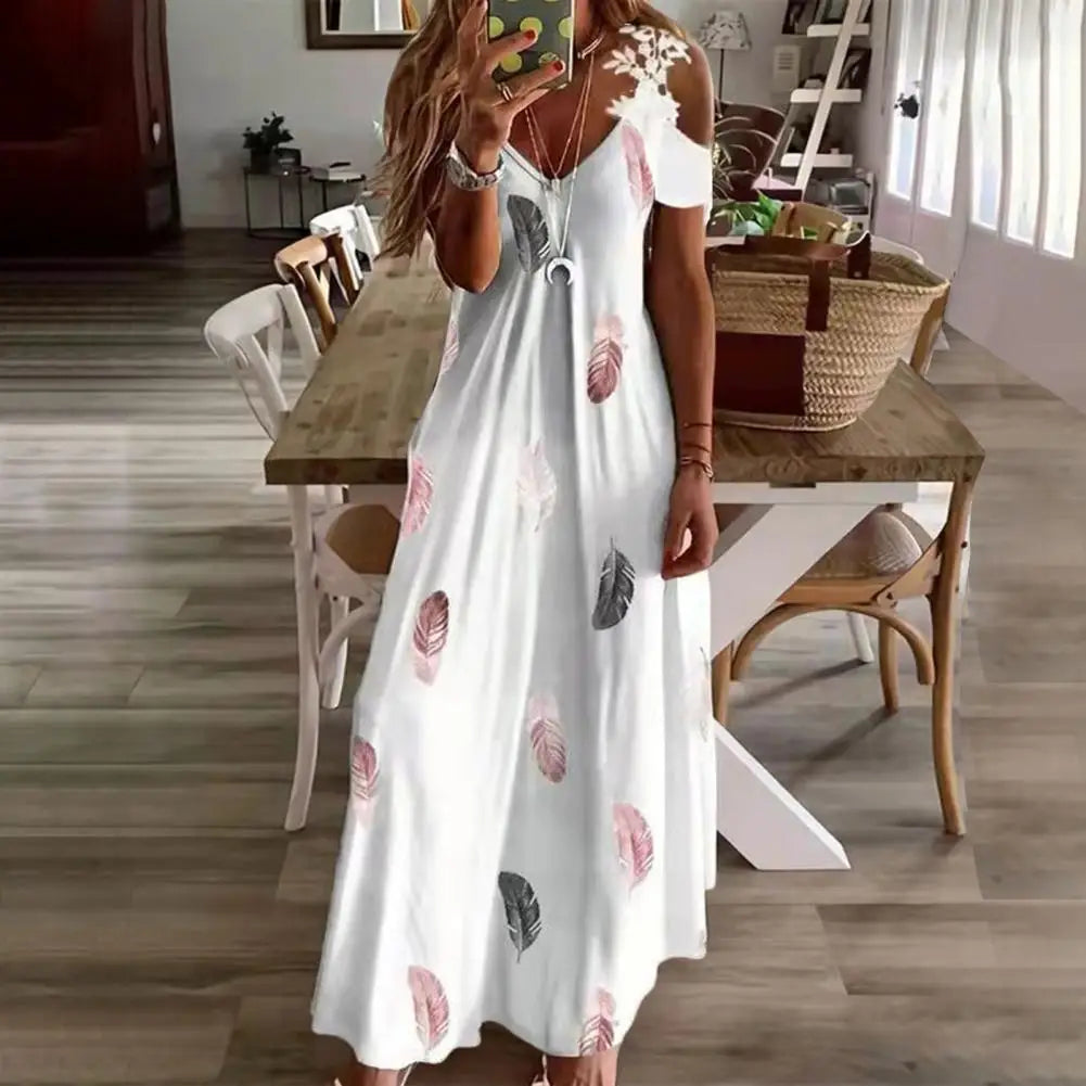 Maxi Dress for Women Feather Printed Lace Sling Ladies Loose-Fitting Hollow Out A-Line Long Dress Streetwear for Party