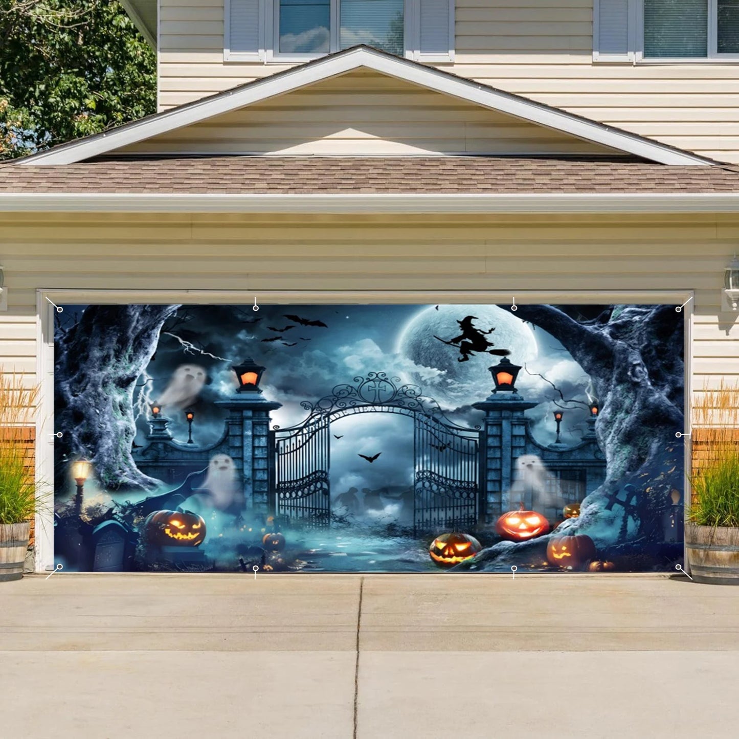 Halloween Garage Door Photography Background Spooky Graveyard Gate Witches Dark Banner Hanging Outdoor Halloween Photo Backdrop