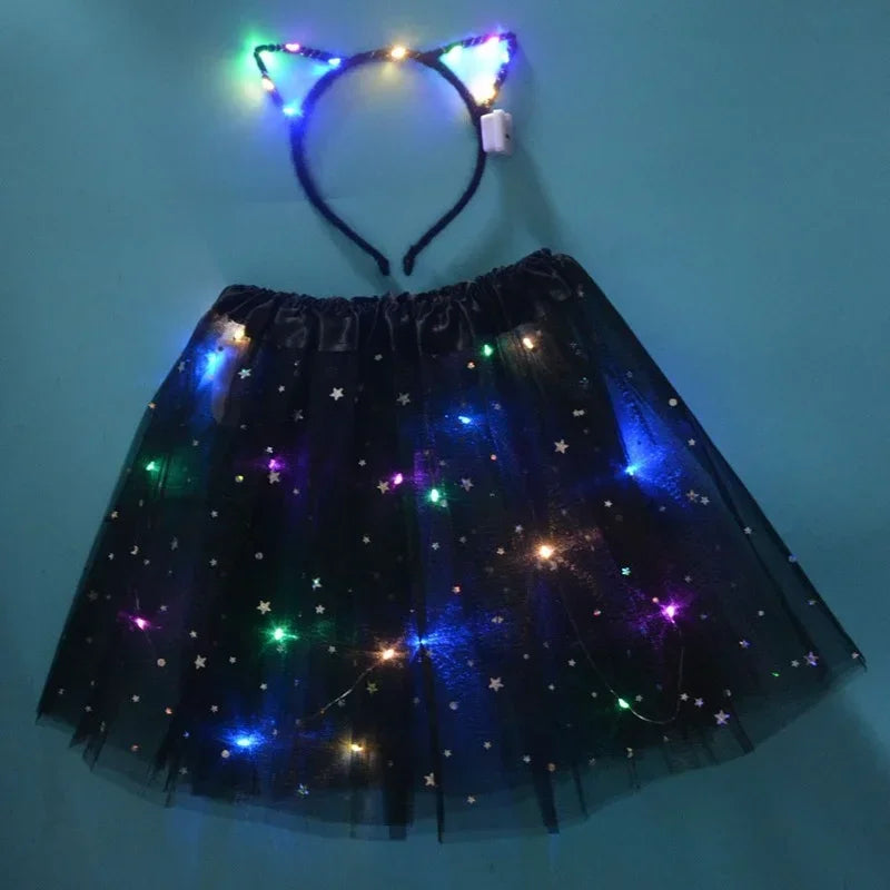 Light Up LED Kids Women Girl Animal Cat Leopard Ears Headband Tutu Skirt Costume Glow Party Christmas Halloween Festival