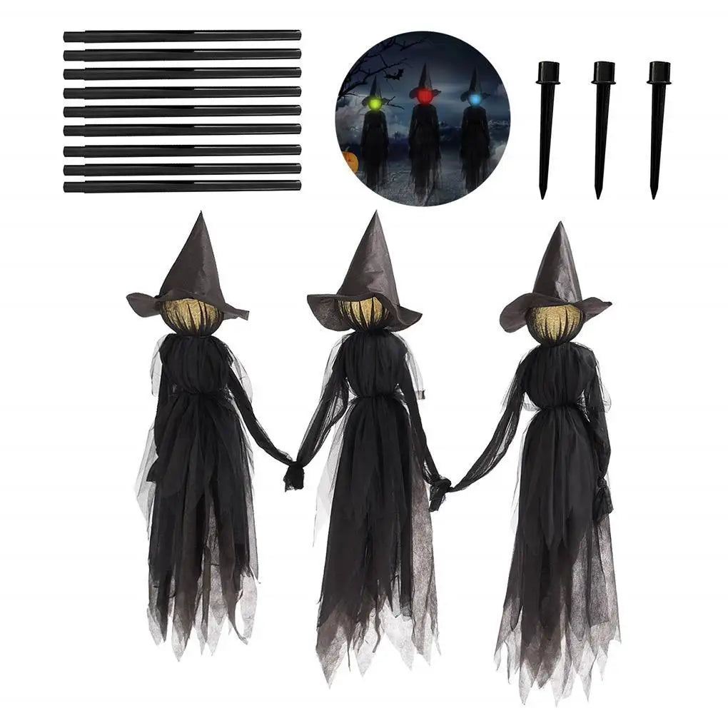 3pcs Scary Screaming Glowing Witch Halloween Yard Garden Sound Activated Sensor Light-Up Witches With Stakes Halloween Decora