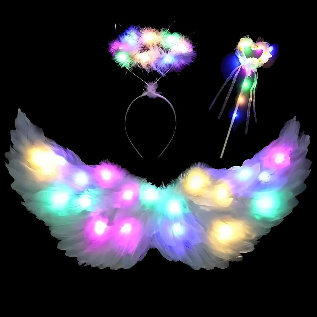 Women Girls Angel Feather LED Wings Halo Light Up Angel Wings Fairy Wands Glow Tutu Skirt Carnival Halloween Cosplay Costume