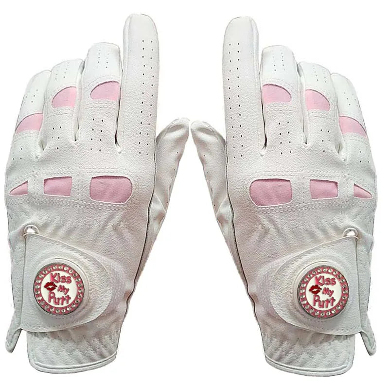 2 Pcs Cabretta Leather Golf Gloves Women With Bling Ball Marker Extra Grip Left Right Hand Pink Fit Ladies Girls Golfer