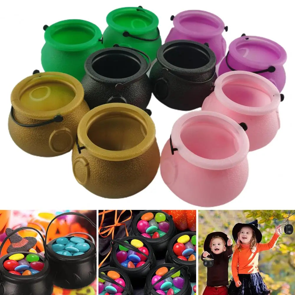 12Pcs Halloween Candy Buckets Black Plastic Witch Cauldron Kettle Halloween Pot Goody Holder for Party Favors