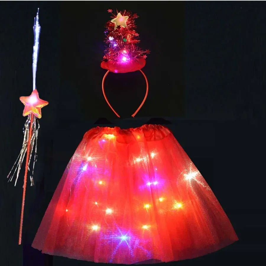 Adult Women Girls Cute Flashing Wing Tutu Skirt LED Glow Headband Fairy Stick Tree Costume Party Favors Halloween Christmas