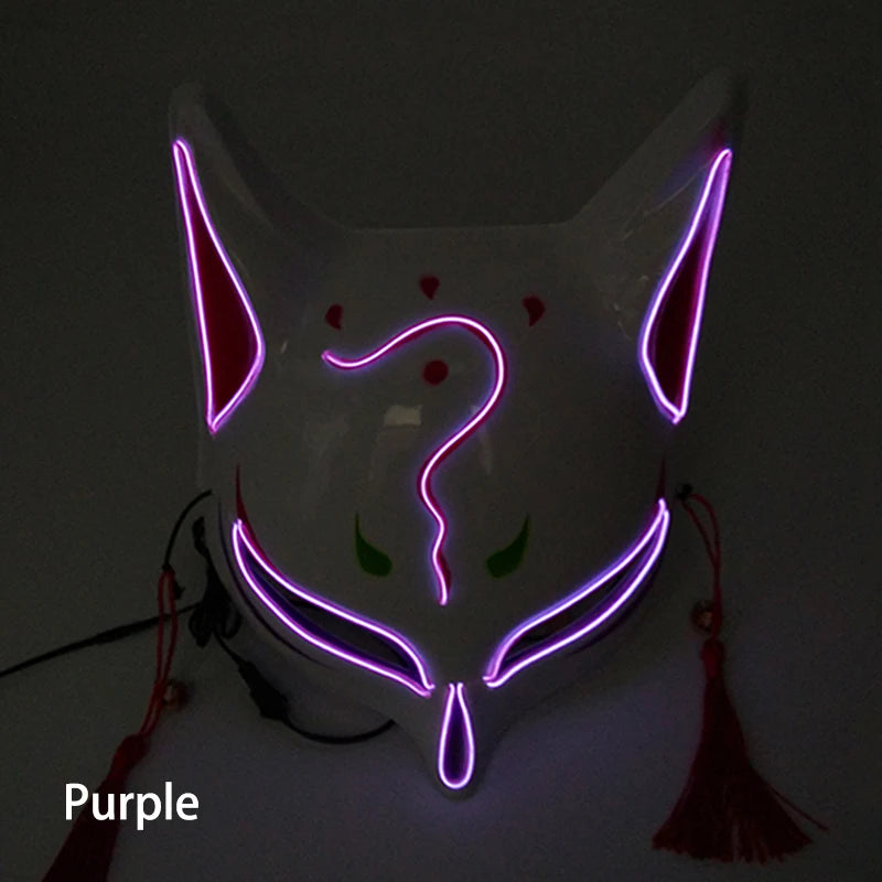 Glowing Demon Slayer Mask Cosplay Japanese Cartoon Neon Light Samurai Mascara Luminous Led Fox Mask for Halloween Christmas