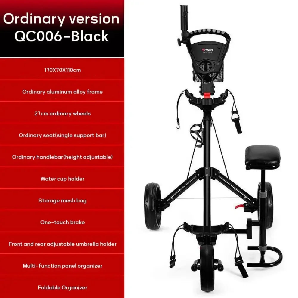 PGM Golf Cart 3 Wheels, Golf Bag Cart Foldable, With Cup Holder With Seat, Compact Golf Pull Car
