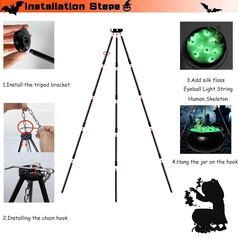 Witches Cauldron for Yard Decorations Halloween Witch Cauldron With Tripod With Eyeballs String Lights and Skeleton for Home