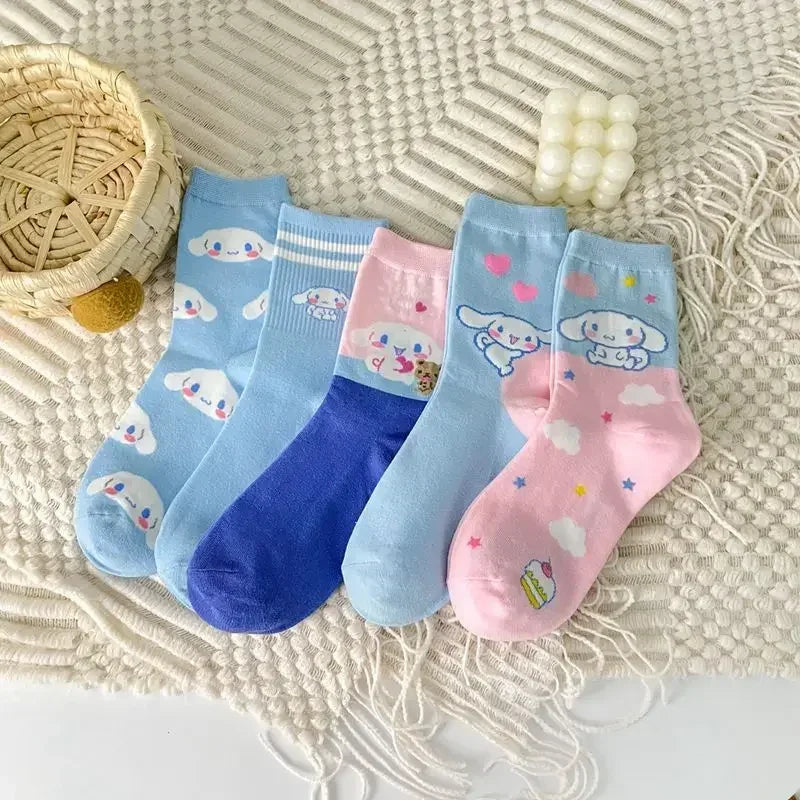 5pairs Sanrio Funny Cinnamoroll Cartoon Socks Women's Blue Combed Cotton Mid-Calf Stocks Kids Cute Gilrs Puppy Stockings