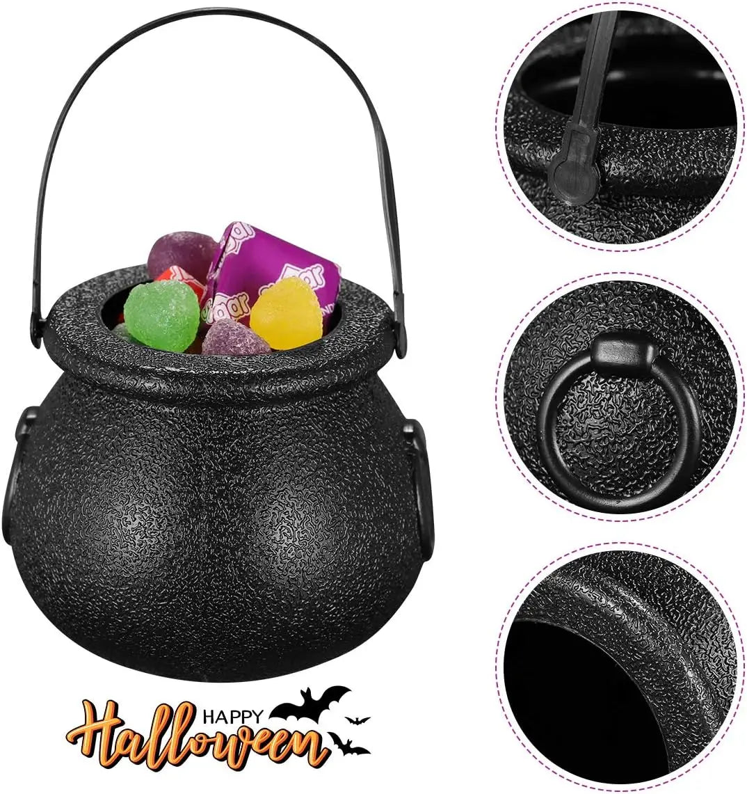 6pcs Mini Plastic Cauldron Bucket With Handle, Halloween Candy Bucket, Party Favor Witch Pot, Trick-Or-Treat Container