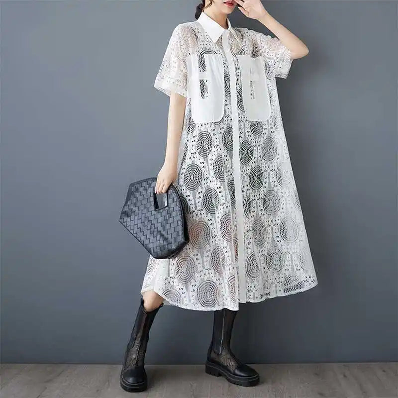 #2615 Summer Black White Hollow Out Vintage Long Shirt Dress Women Loose Split Joint Streetwear A-Line Midi Dress Ladies Sexy