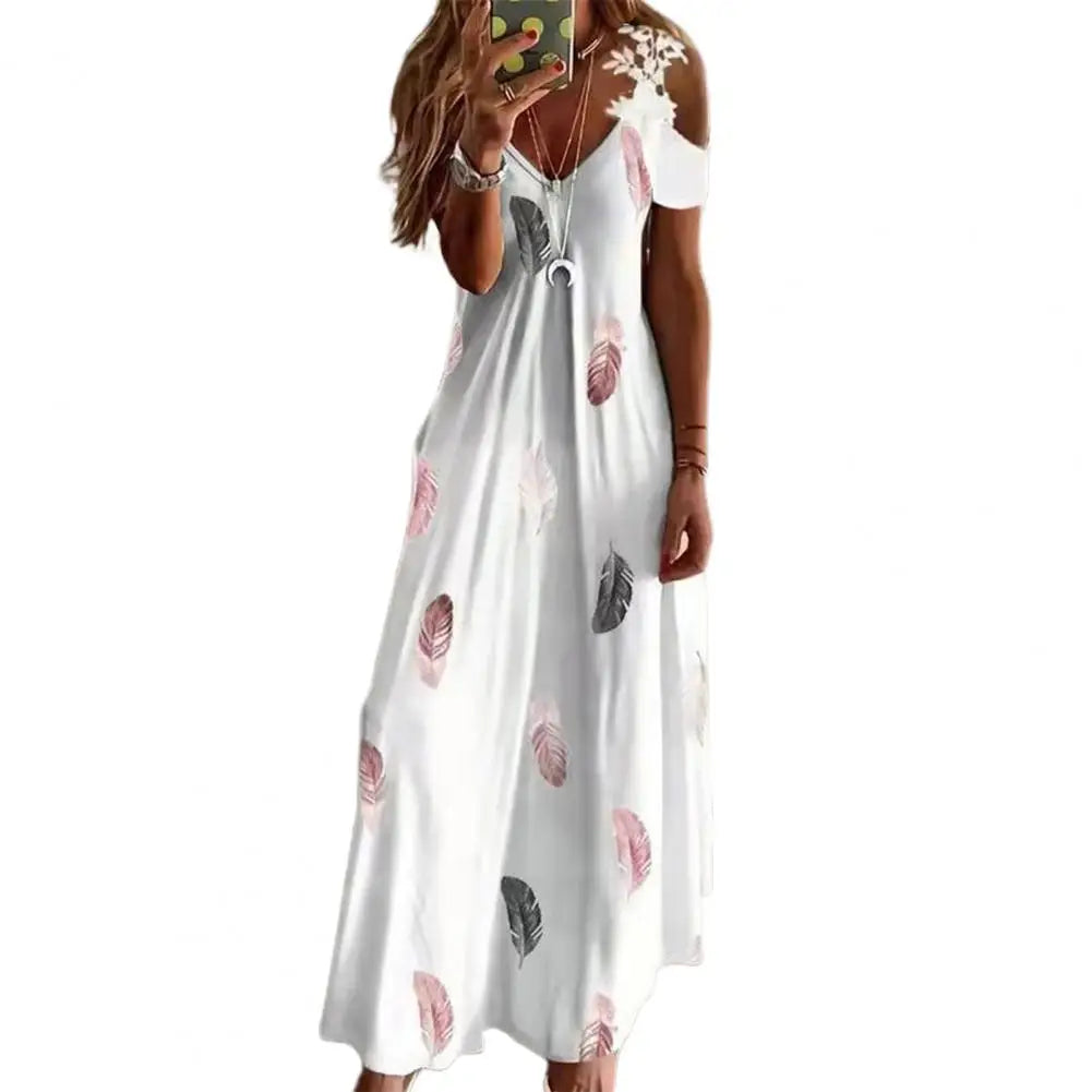 Maxi Dress for Women Feather Printed Lace Sling Ladies Loose-Fitting Hollow Out A-Line Long Dress Streetwear for Party