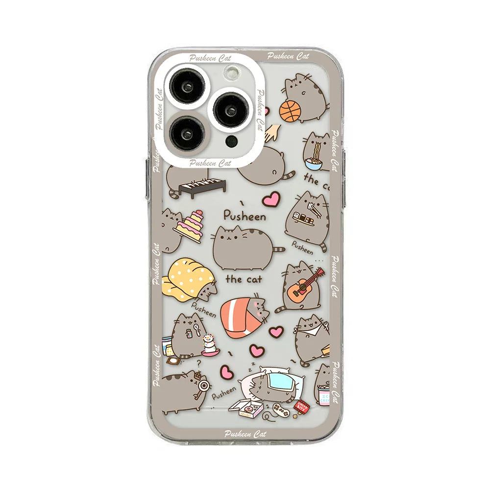 Cute Cartoon P-Pusheens Cat Phone Case for iPhone 16 15 14 13 12 11 Mini Pro Max X XR XSMax 7 8 Plus Transparent Soft TPU Cover