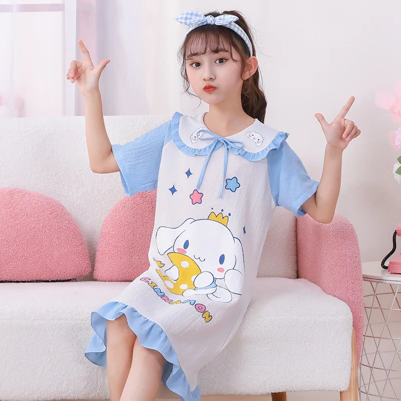 Girl's Summer Pajamas Sanrio Hello Kitty Kuromi Children's Dress Pochacco Anime Cartoon House Clothing Short Sleeved Cute Skirt